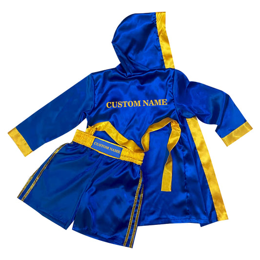 Personalized boxing set of robe with shorts (Blue and Gold)