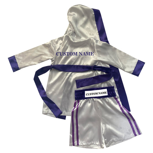 Personalized boxing set of robe with shorts (White and Purple)
